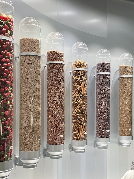 Tubes of chocolate ingredients displayed at Lindt Home of Chocolate Museum Zurich.