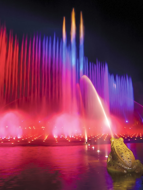 Colorful water fountains at night in Efteling Theme Park, Netherlands.