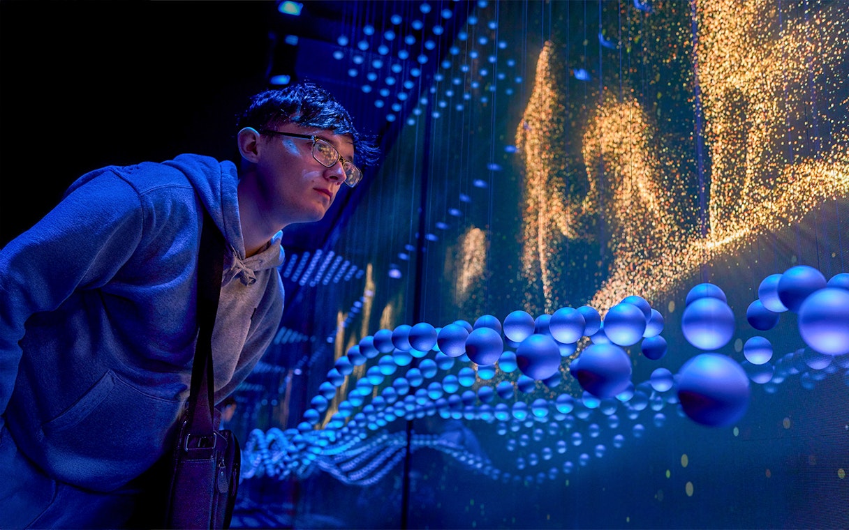 Guest immersed in a sensory video journey through Scotland with dynamic visuals.