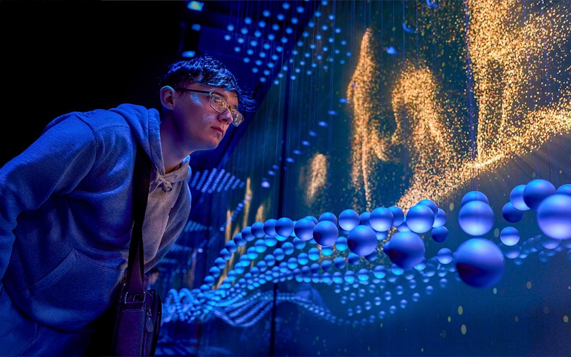 Guest immersed in a sensory video journey through Scotland with dynamic visuals.