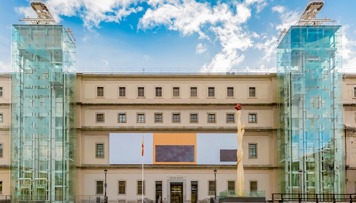 Reina Sofia Museum exterior in Madrid, Spain, featuring modern architectural design.