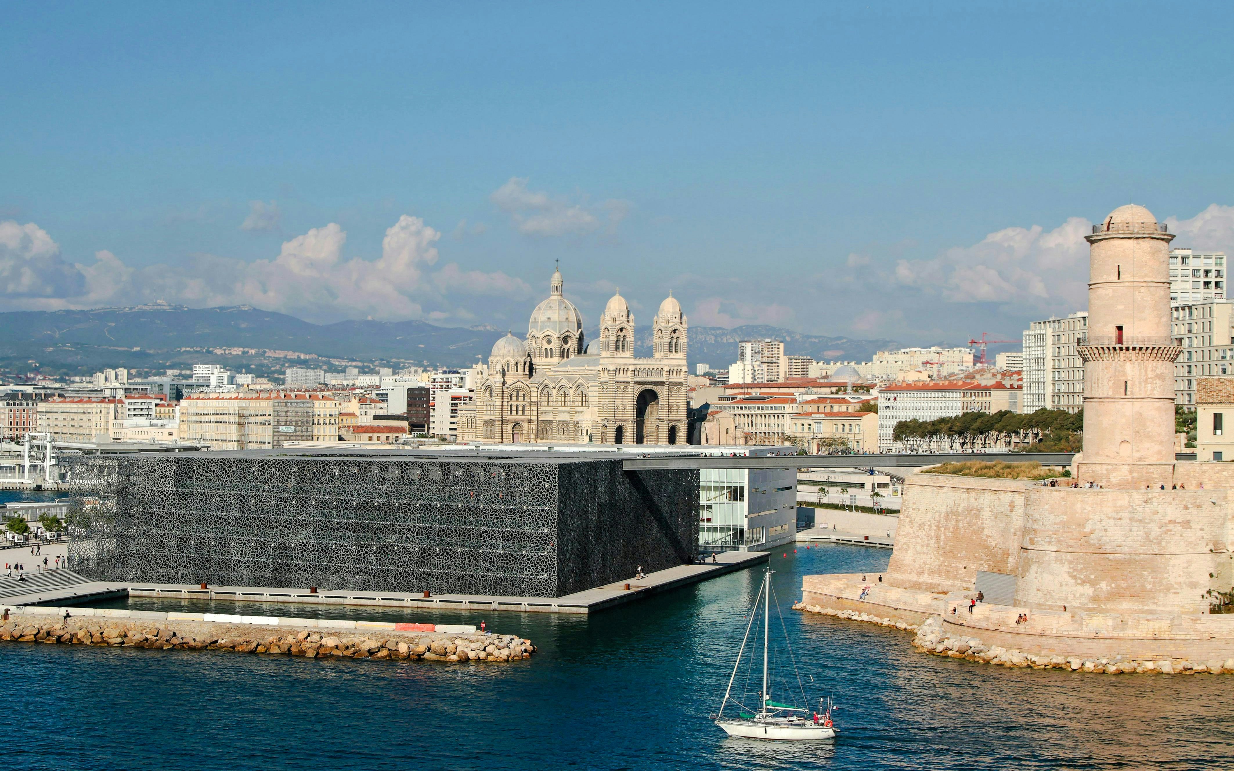 MuCEM and Fort Saint-Jean with Marseille Cathedral in the background, Marseille, France.