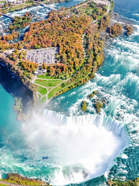 Aerial view of Niagara Falls with surrounding greenery and river.