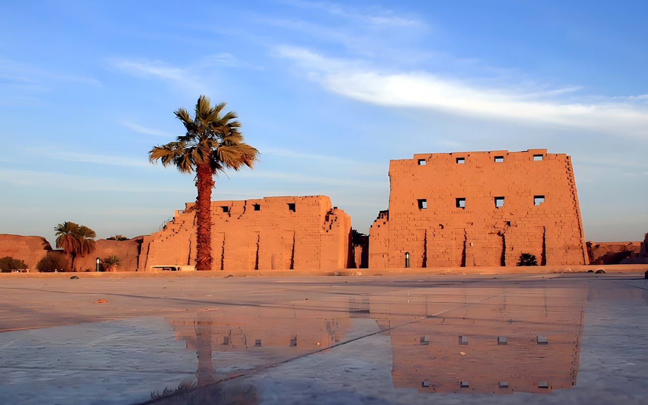 Luxor Temple ruins with palm tree and reflection on wet ground, Egypt.