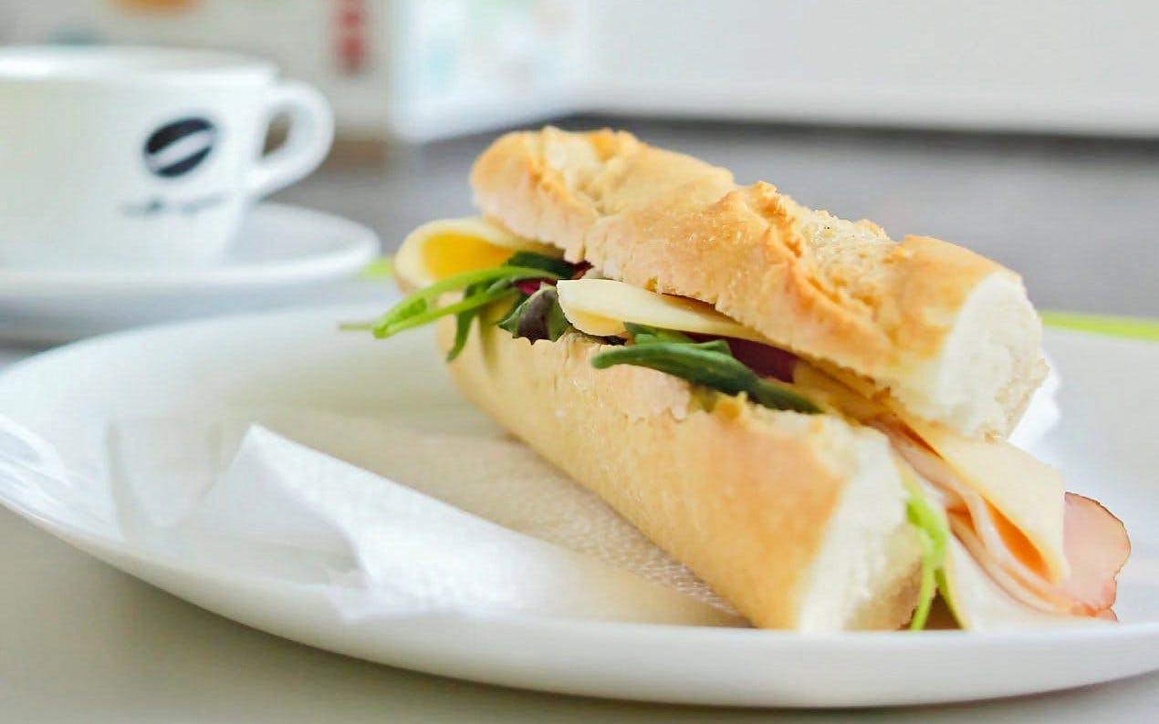 Sandwich on a plate at Pesterzsebet Bath buffet, Budapest.