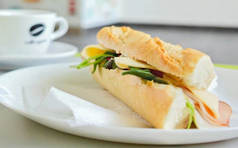 Sandwich on a plate at Pesterzsebet Bath buffet, Budapest.