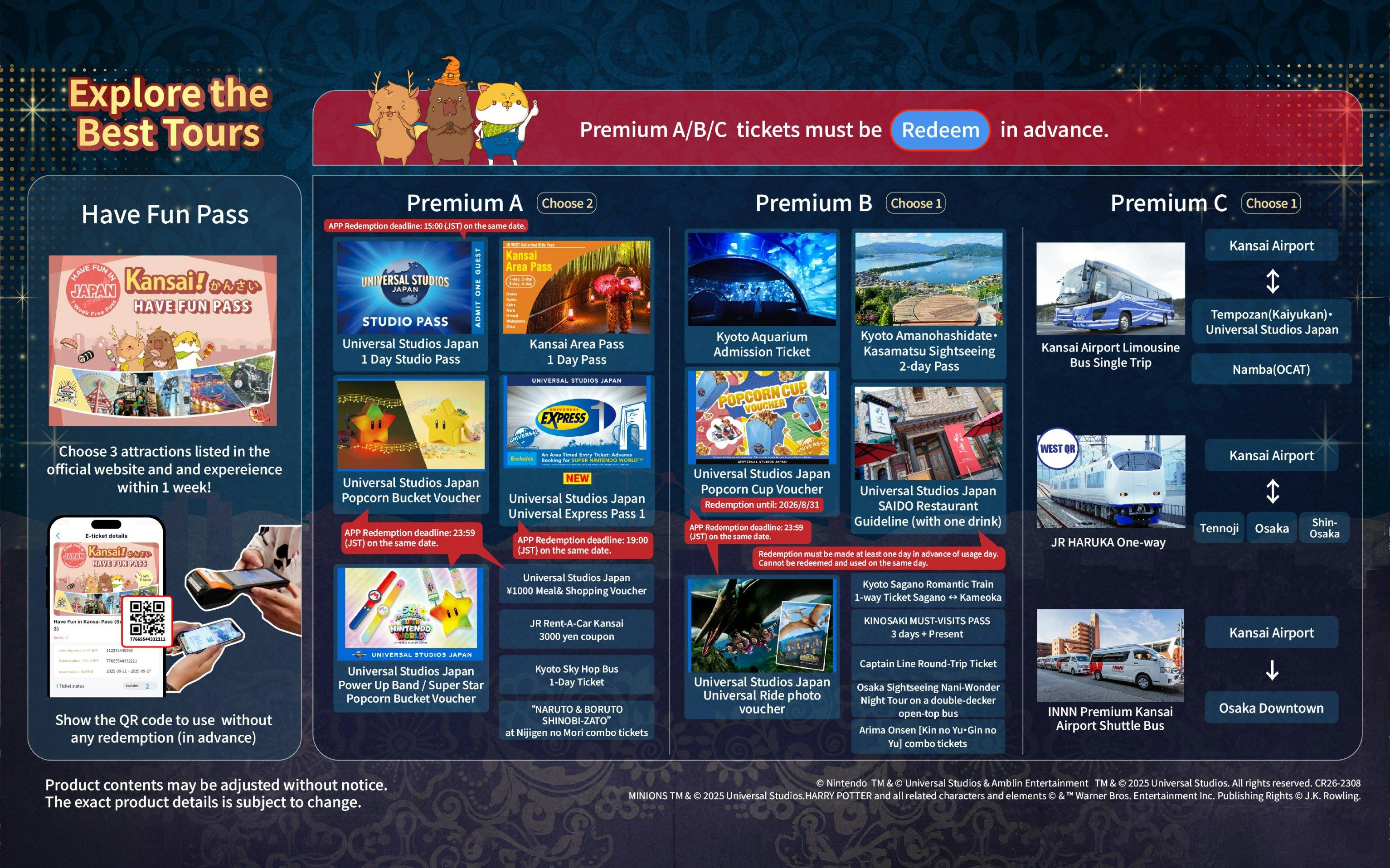 Premium pass options for Kansai attractions including Universal Studios Japan, Kyoto Aquarium, and airport transfers.
