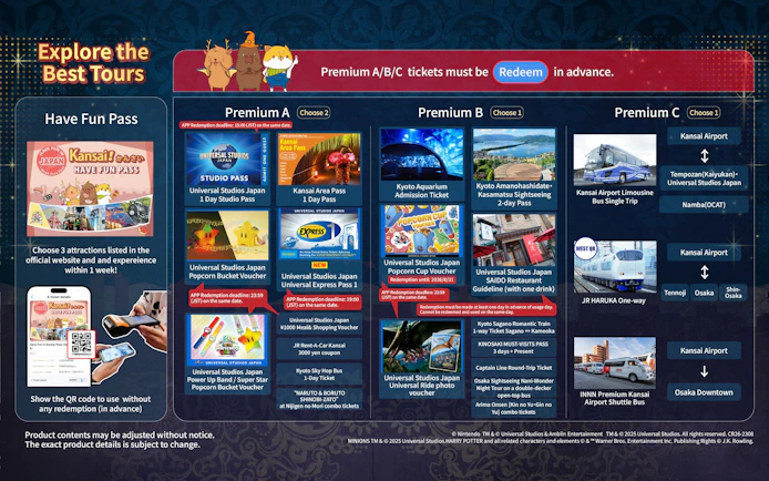 Premium pass options for Kansai attractions including Universal Studios Japan, Kyoto Aquarium, and airport transfers.