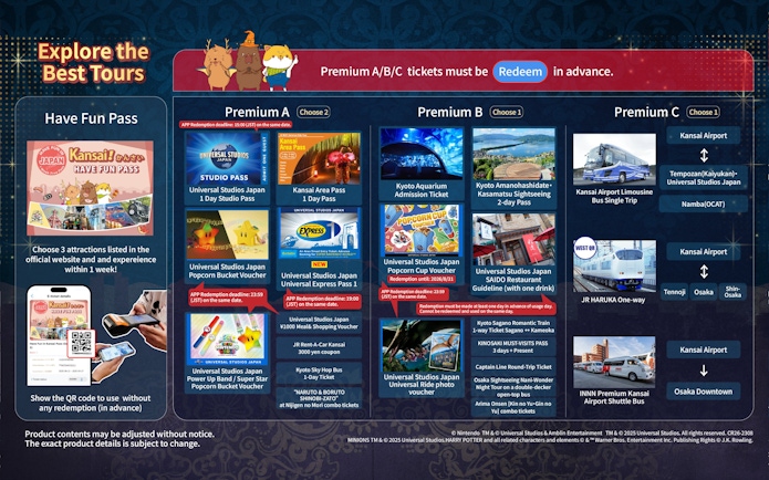 Premium pass options for Kansai attractions including Universal Studios Japan, Kyoto Aquarium, and airport transfers.