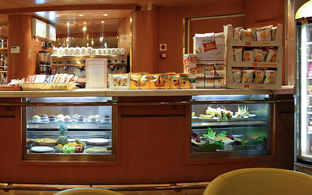 Ferry snack bar with pastries and fruit on display, SNAV Naples to Capri route.