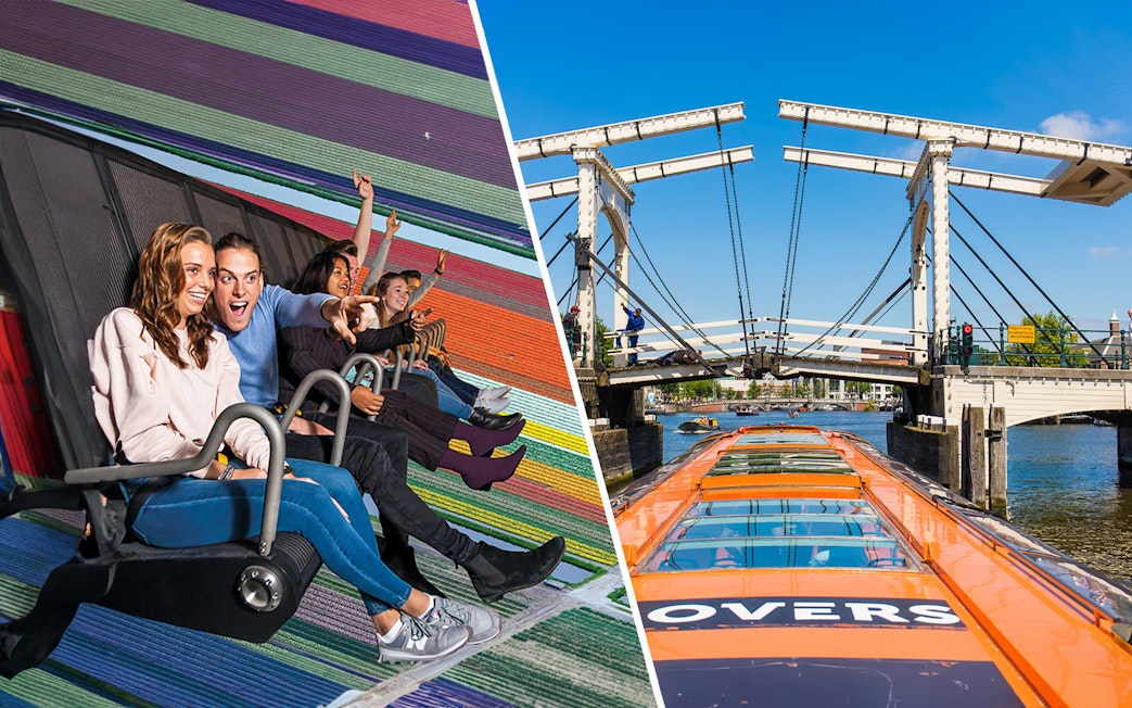 Holland flight simulator experience and Amsterdam canal cruise with iconic bridge.