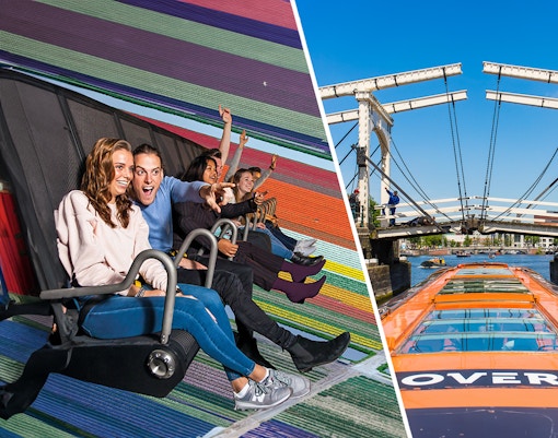 Holland flight simulator experience and Amsterdam canal cruise with iconic bridge.