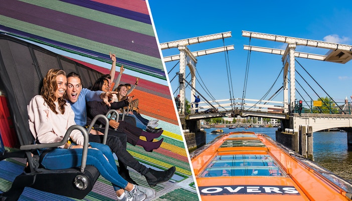 Amsterdam aerial view with iconic canals and This is Holland attraction, Saver Combo tour.
