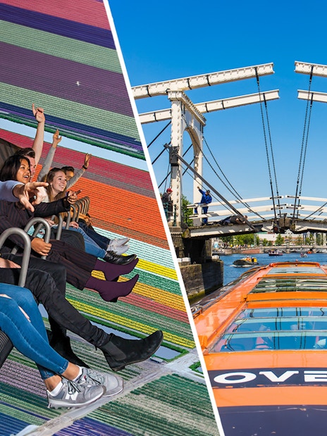 Holland flight simulator experience and Amsterdam canal cruise with iconic bridge.