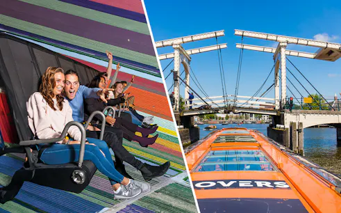 Holland flight simulator experience and Amsterdam canal cruise with iconic bridge.
