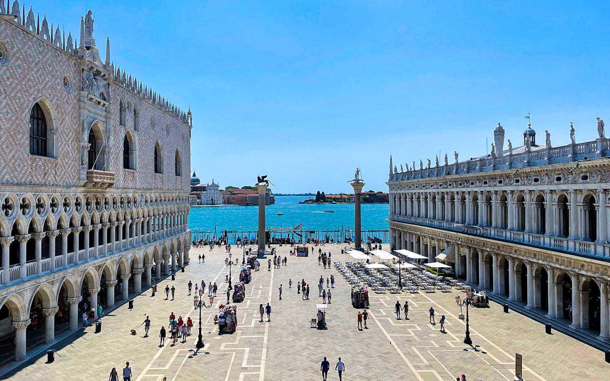 St. Mark's Square view with Doge's Palace and waterfront, Venice, Italy.