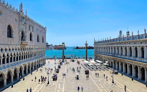 St. Mark's Square view with Doge's Palace and waterfront, Venice, Italy.