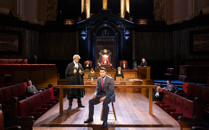 Courtroom scene from "Witness for the Prosecution" performance at London County Hall.
