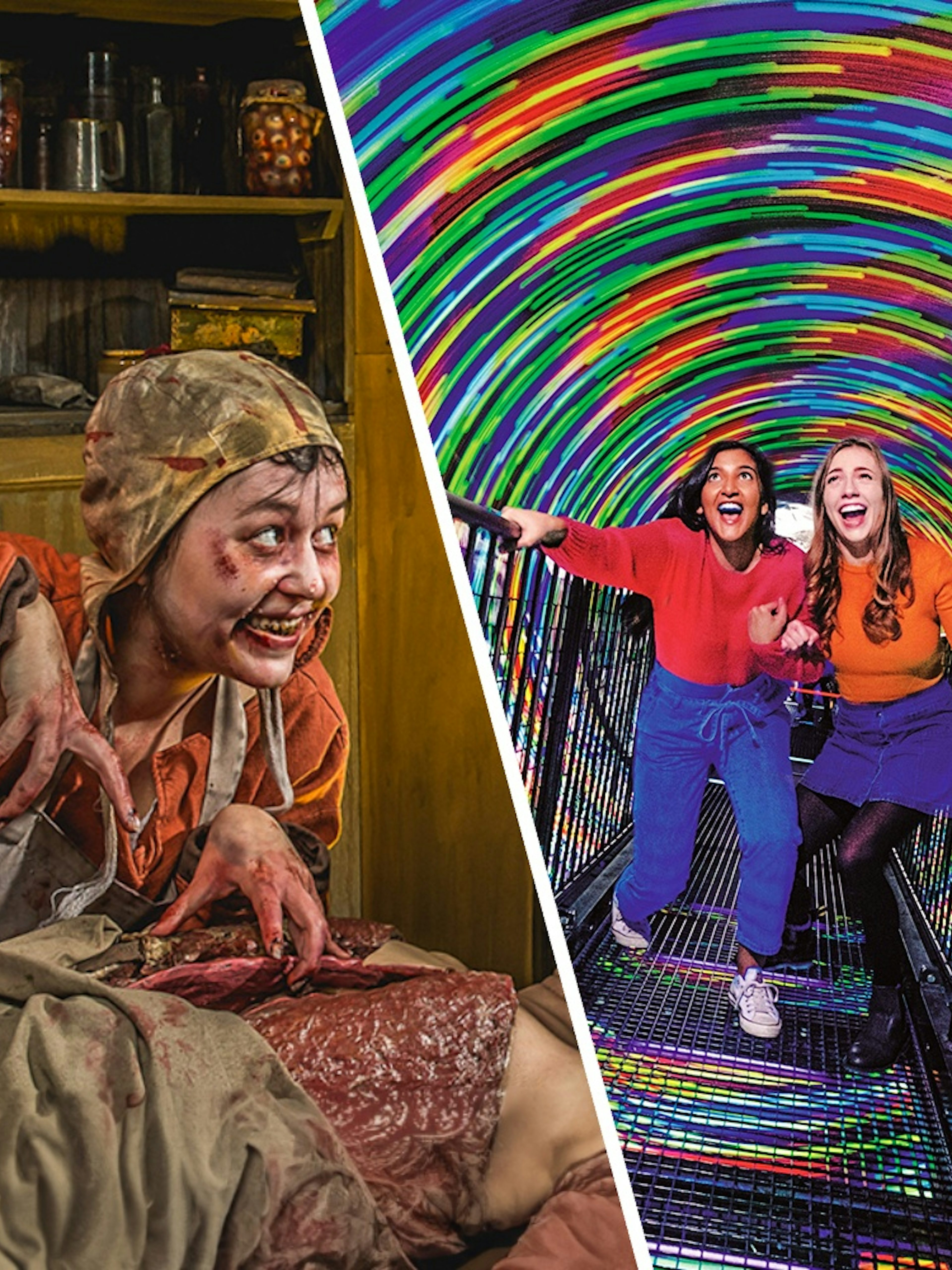 Visitors in colorful Vortex Tunnel at Camera Obscura & World of Illusions, Edinburgh.