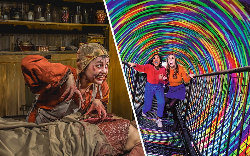 Visitors in colorful Vortex Tunnel at Camera Obscura & World of Illusions, Edinburgh.