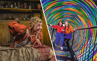 Visitors in colorful Vortex Tunnel at Camera Obscura & World of Illusions, Edinburgh.