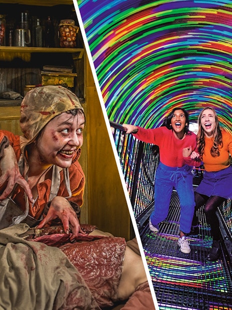 Visitors in colorful Vortex Tunnel at Camera Obscura & World of Illusions, Edinburgh.