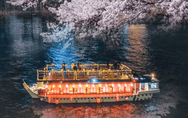 Tokyo dinner cruise boat under cherry blossoms at night.