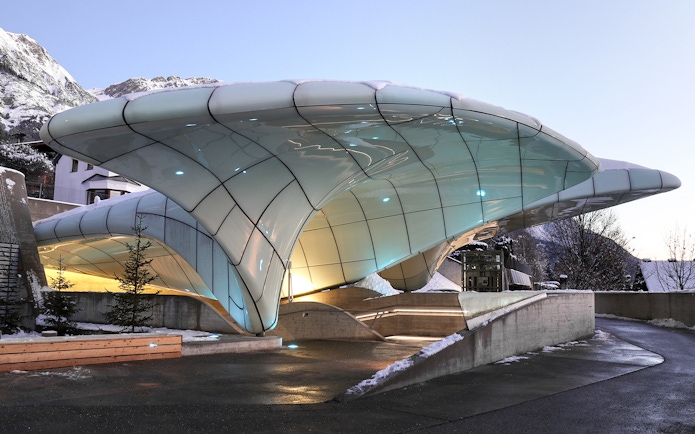 Nordkettenbahn funicular station with modern architecture in Innsbruck, Austria.
