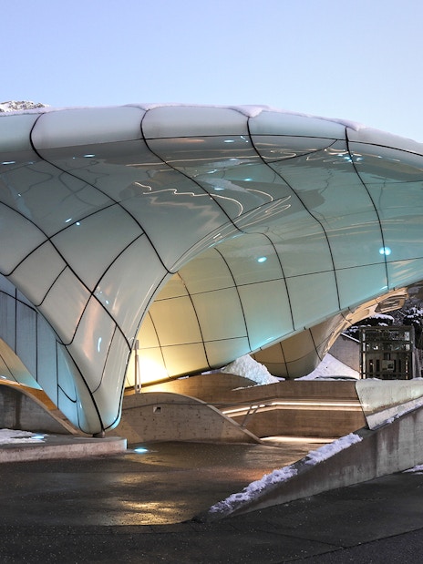 Nordkettenbahn funicular station with modern architecture in Innsbruck, Austria.