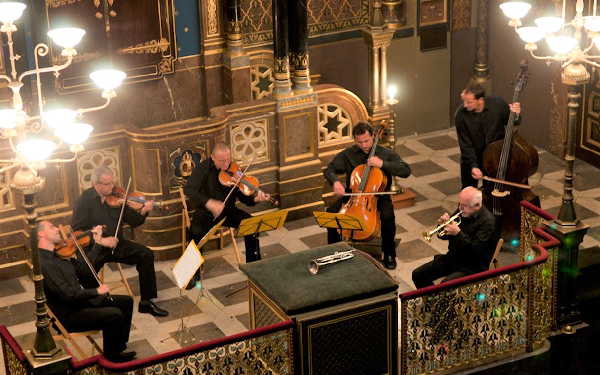 Musicians performing at a classical concert in the Spanish Synagogue.
