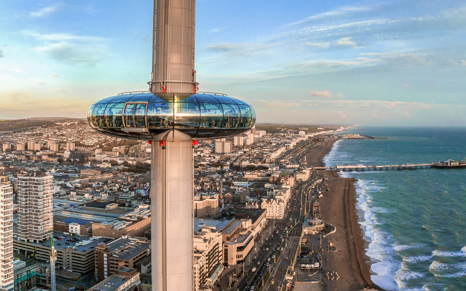 Brighton i360 observation tower overlooking the city and coastline in Brighton, England.