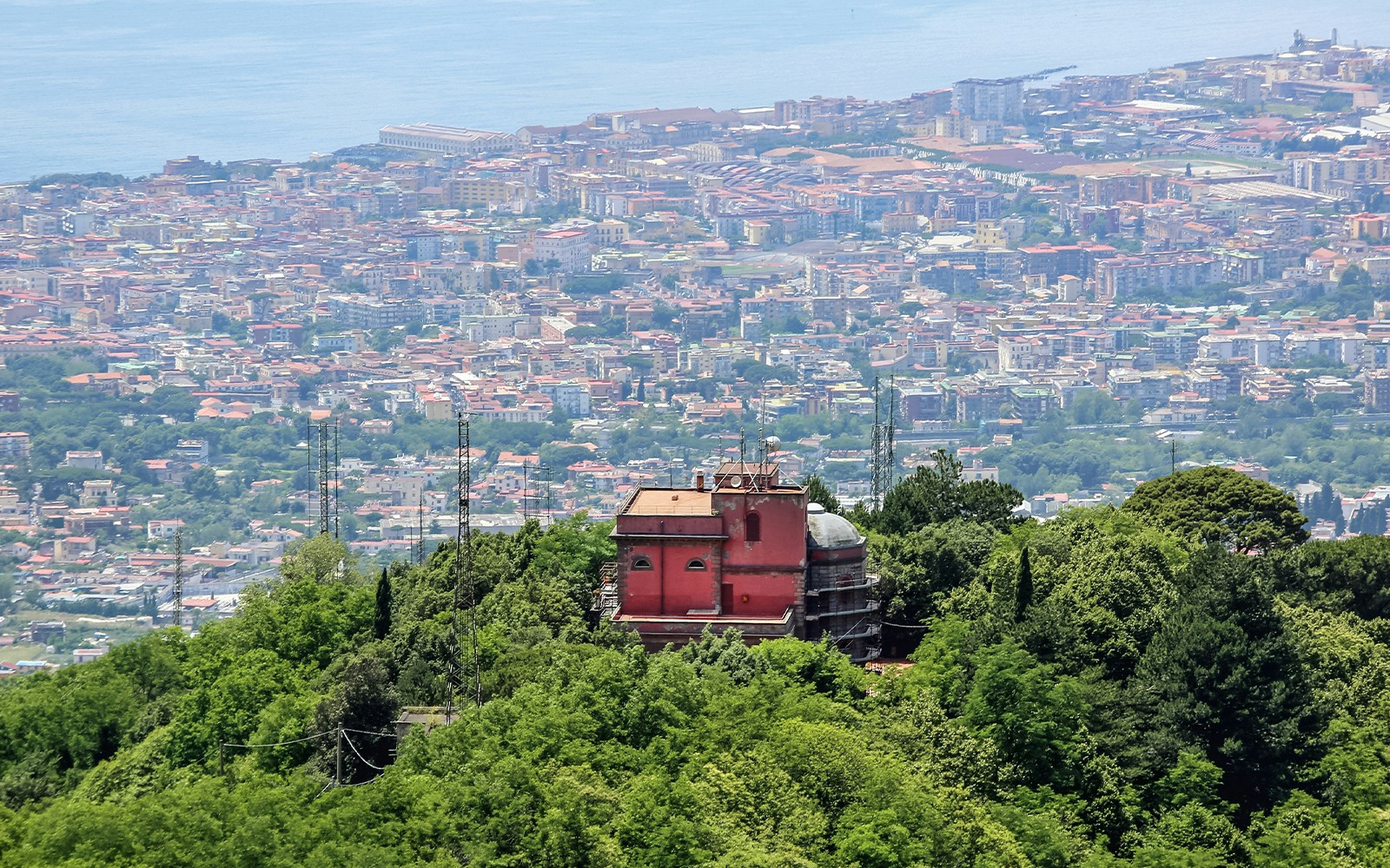 Observatory at Mount Vesuvius overlooking Naples cityscape.