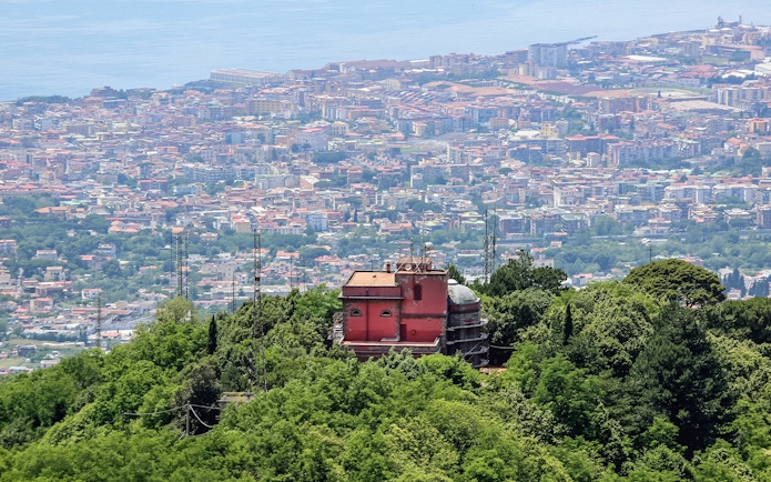 Observatory at Mount Vesuvius overlooking Naples cityscape.