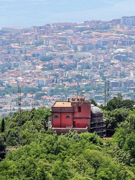 Observatory at Mount Vesuvius overlooking Naples cityscape.