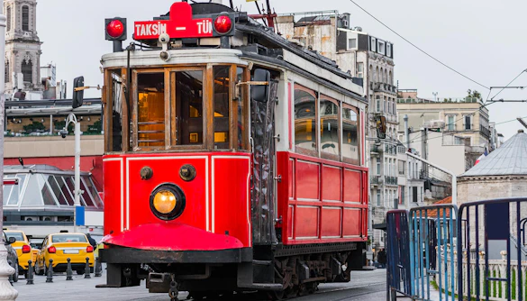 Historic red tram in Taksim Square, Istanbul, Turkey.