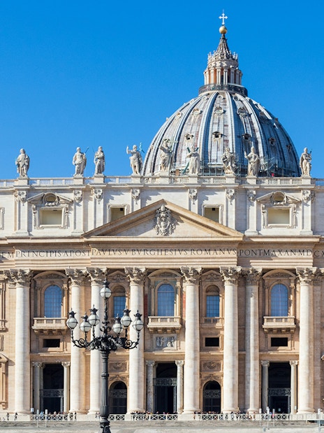 St. Peter’s Basilica facade with dome in Vatican City.