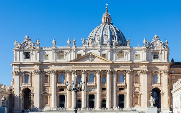 St. Peter’s Basilica facade with dome in Vatican City.