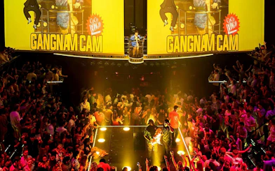 Crowded dance floor at Coco Bongo Punta Cana with vibrant lights and Gangnam Cam display.