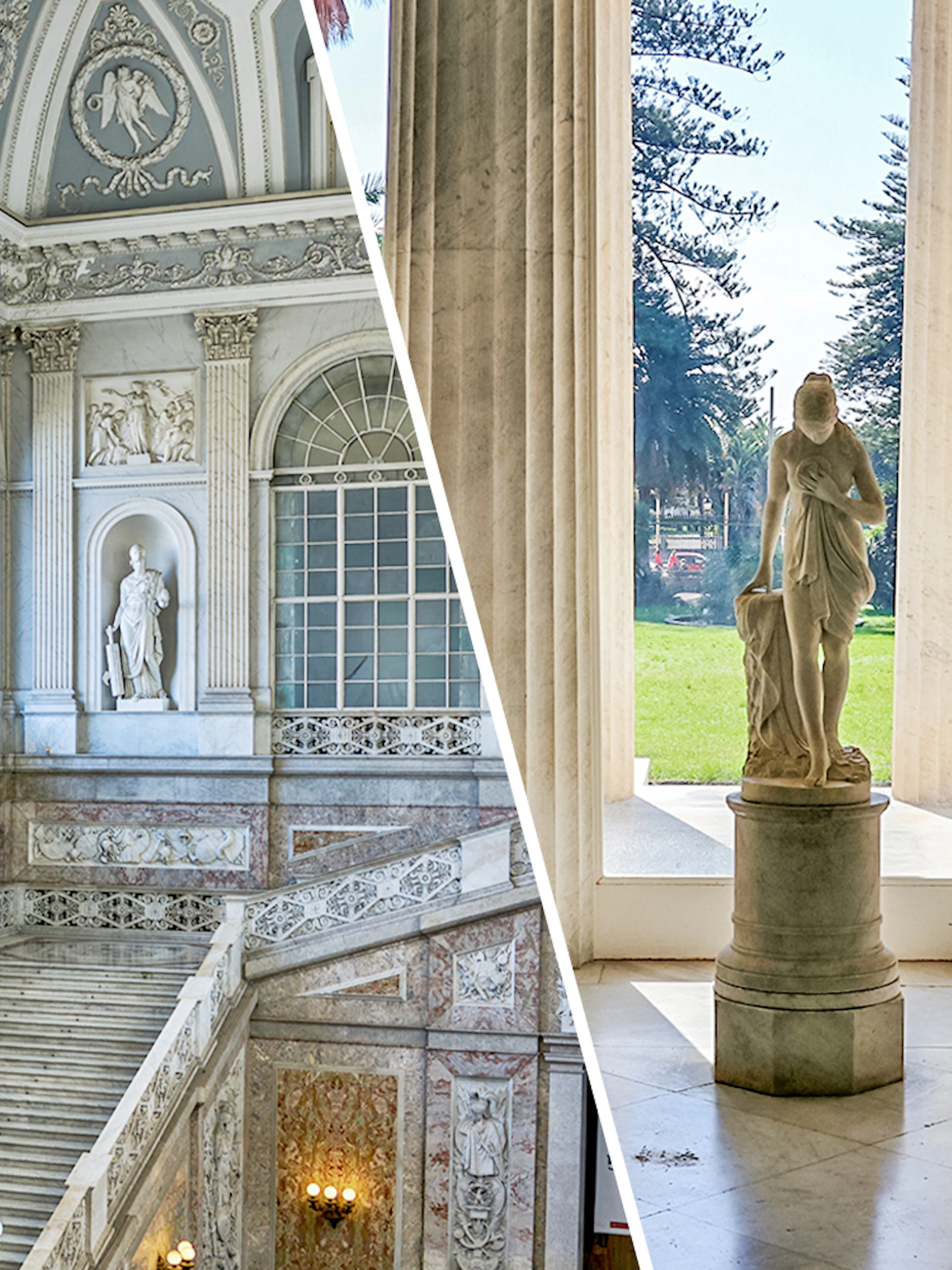 Royal Palace of Naples grand staircase and Villa Pignatelli statue with garden view.