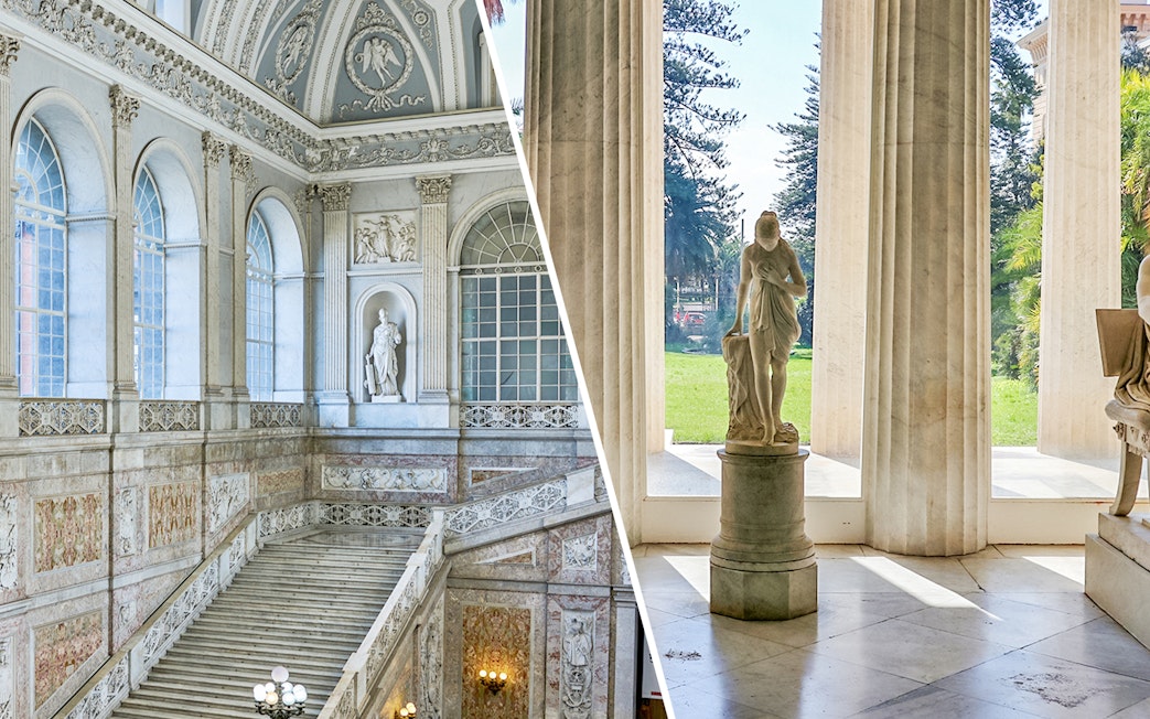 Royal Palace of Naples grand staircase and Villa Pignatelli statue with garden view.
