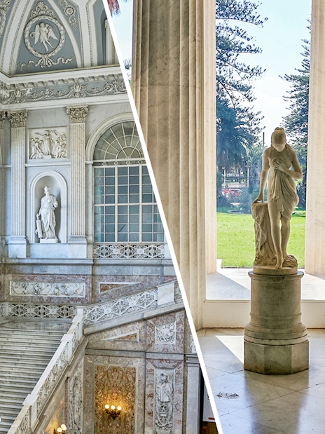 Royal Palace of Naples grand staircase and Villa Pignatelli statue with garden view.