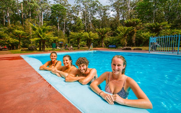 Visitors enjoying a swim at Hastings Caves thermal pool surrounded by lush forest.