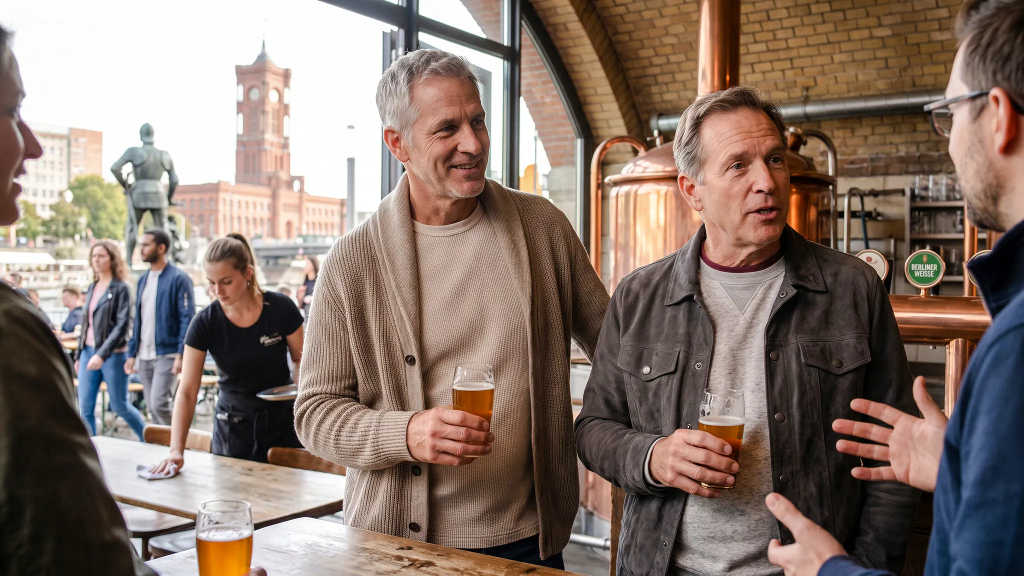 Group enjoying beer at a Berlin brewery during Oktoberfest walking tour.