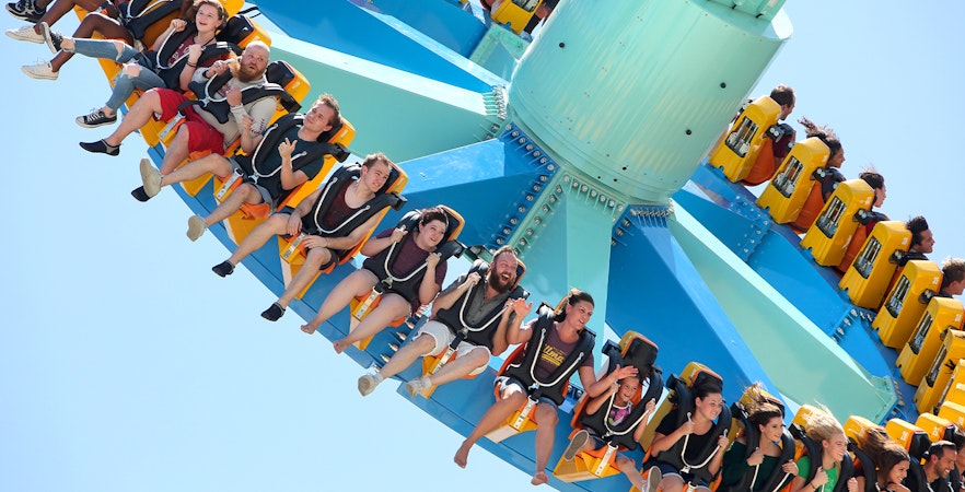 Visitors enjoying the CraZanity ride at Six Flags Magic Mountain.