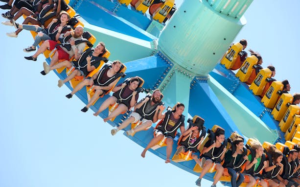 Visitors enjoying the CraZanity ride at Six Flags Magic Mountain.