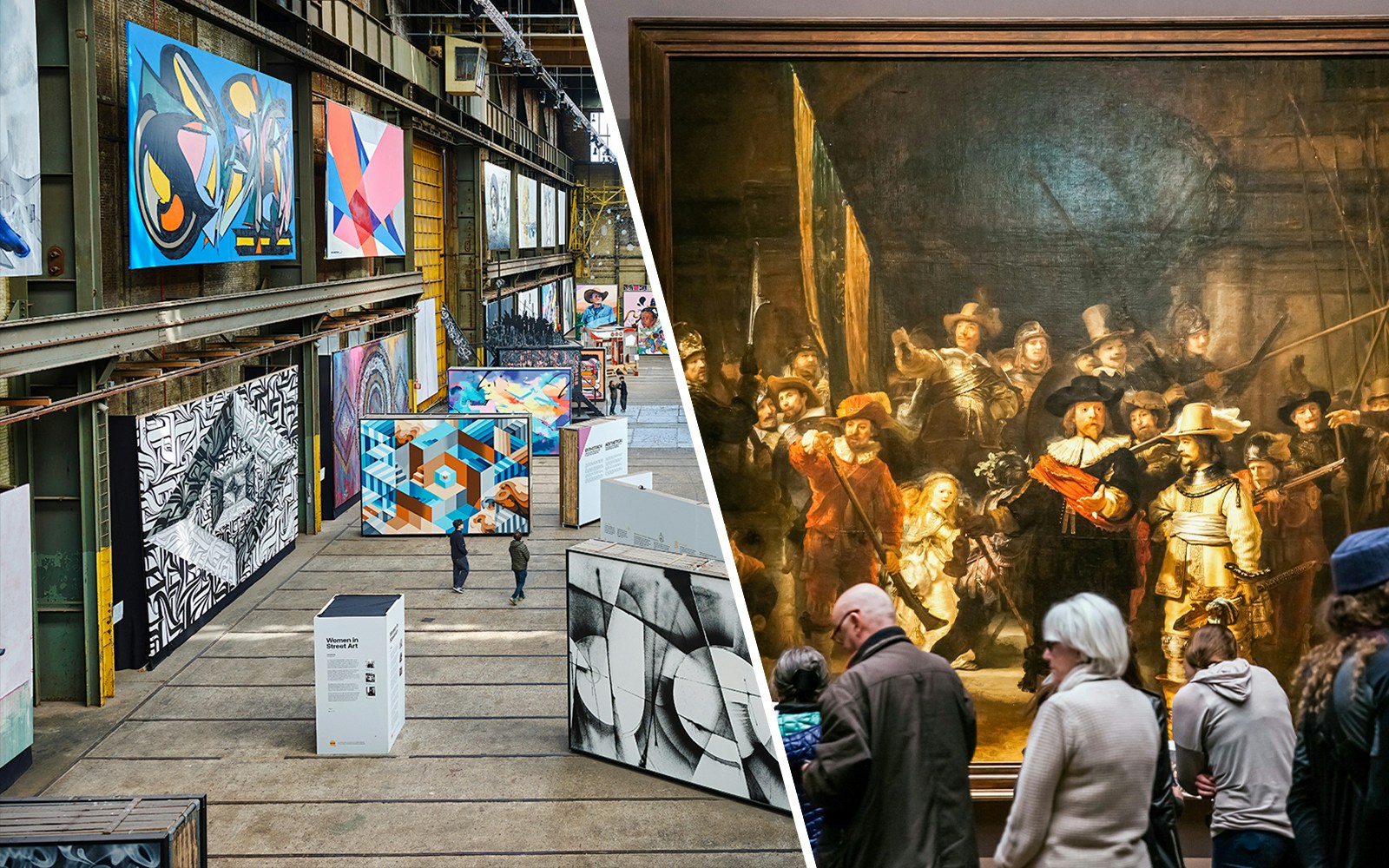 Straat Museum exhibits featuring street art and classic paintings in Amsterdam.