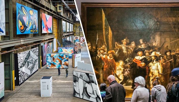 Straat Museum exhibits featuring street art and classic paintings in Amsterdam.