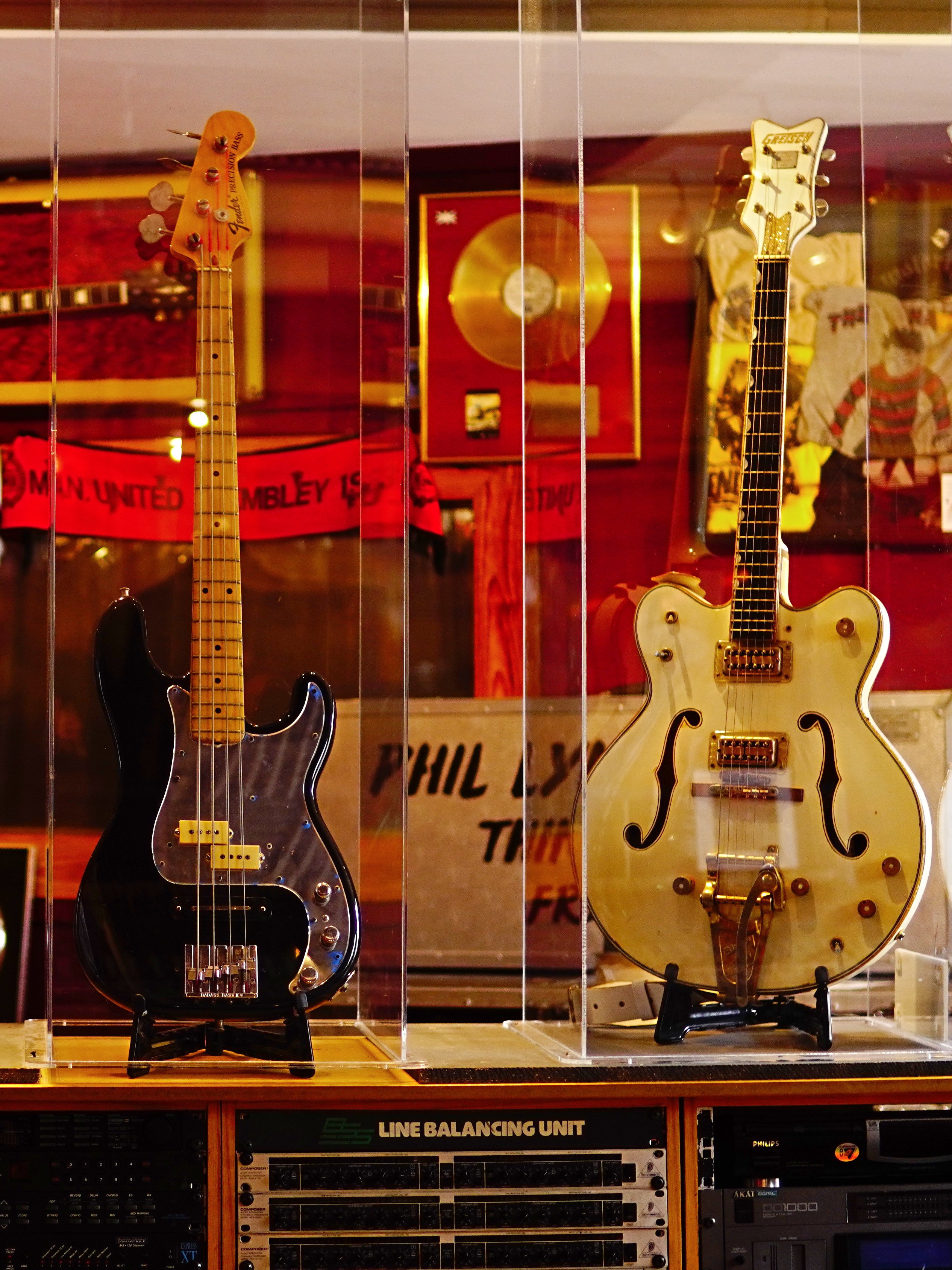 Three iconic guitars displayed at the Irish Rock N Roll Museum Experience in Dublin.
