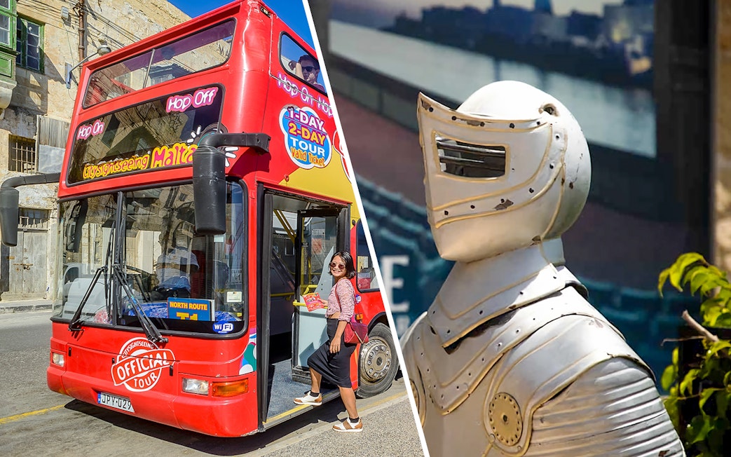 Hop-on hop-off bus in Malta with a tourist boarding, next to a knight's armor display.