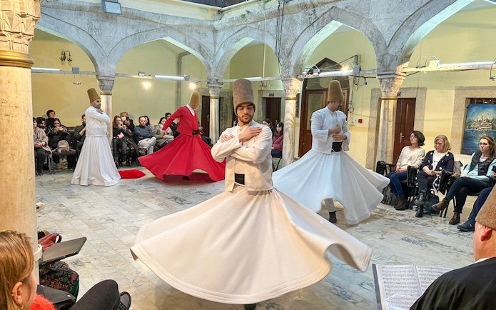 Whirling dervishes performing the Mevlevi Sema ceremony in Istanbul, Turkey.